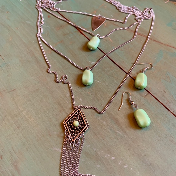 Silver Tone & Green Stone Layered Four Strand Necklace and Matching Earrings - Picture 11 of 11